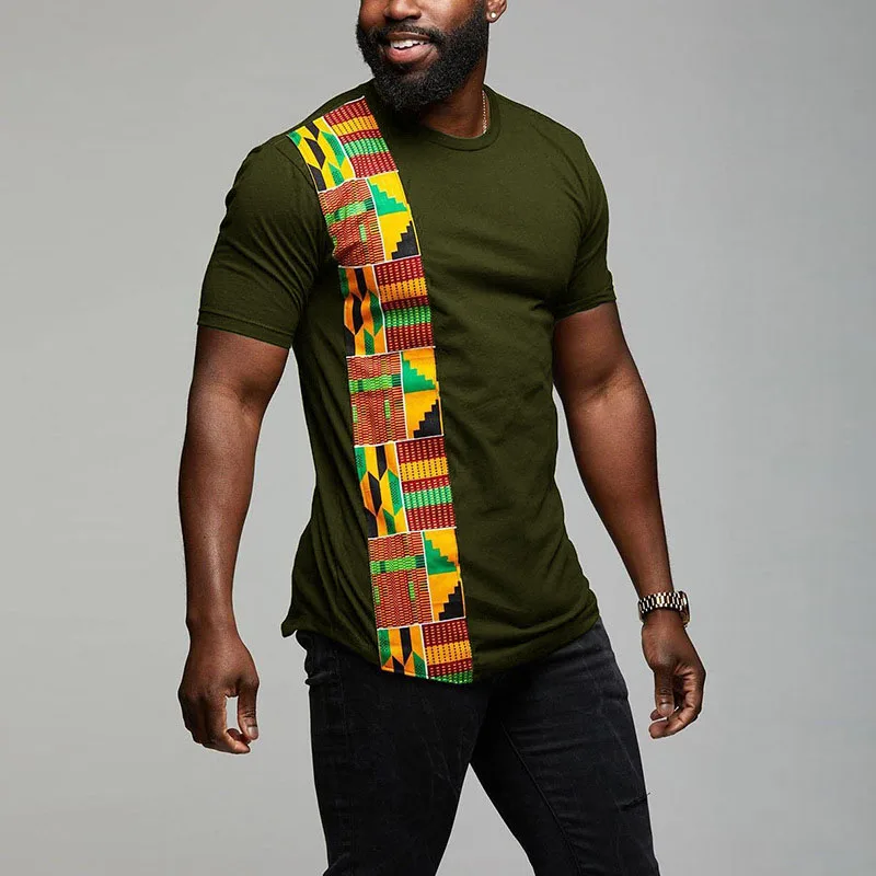 T-shirt Africain à Manches Courtes et Col Rond pour Homme, Vêtement avec Patchwork de Documents Imprimés, Style Ankara, Noir