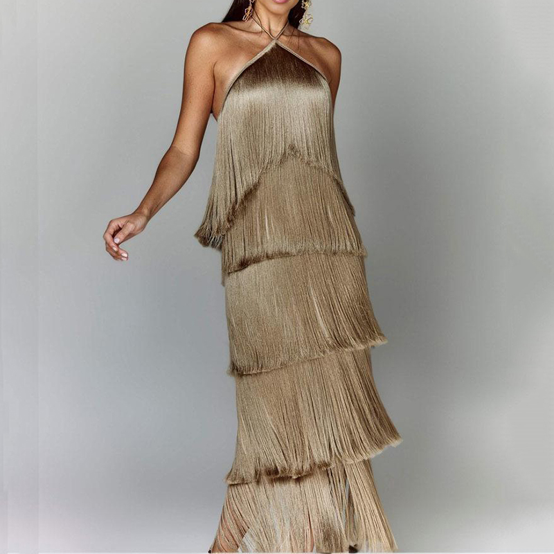 Robe de soirée Chic pour femmes, couleur métallique, Sexy, col licou, à lacets, élégante, dos nu, sans manches, superposée, Slim