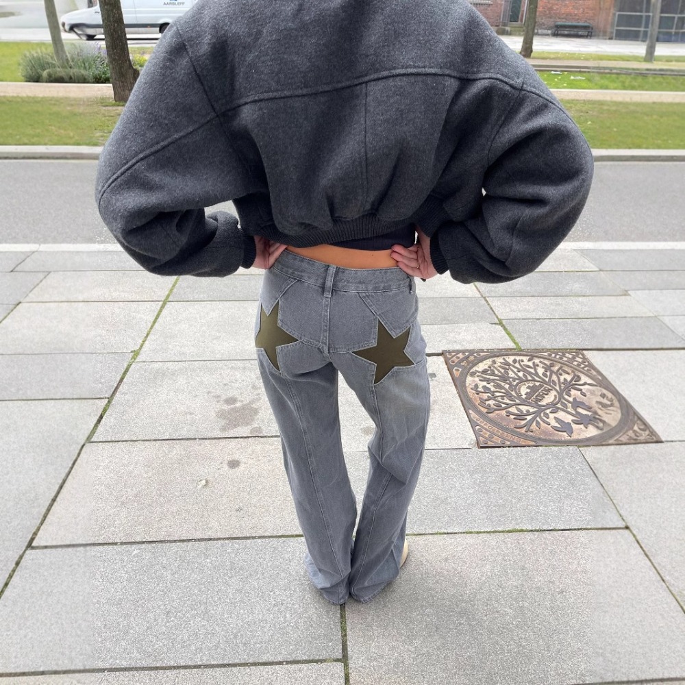 Jeans pour femmes 2025, imprimé étoiles, pantalon droit, taille haute, délavé, poches, longueur au sol, streetwear, denim