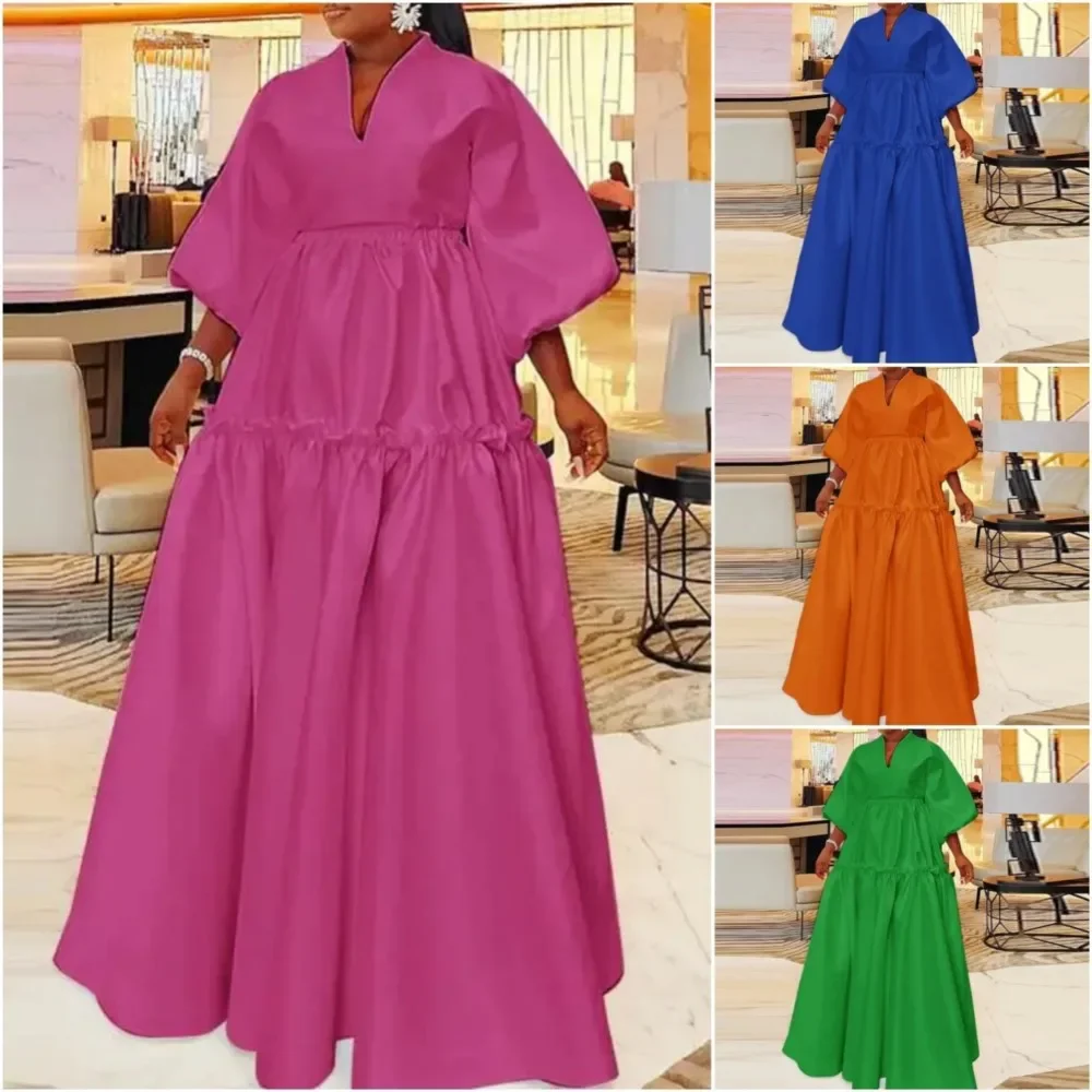 Mode Simple couleur unie Falbala longue robe femmes nouveau printemps été ample taille haute décontractée Maxi robes