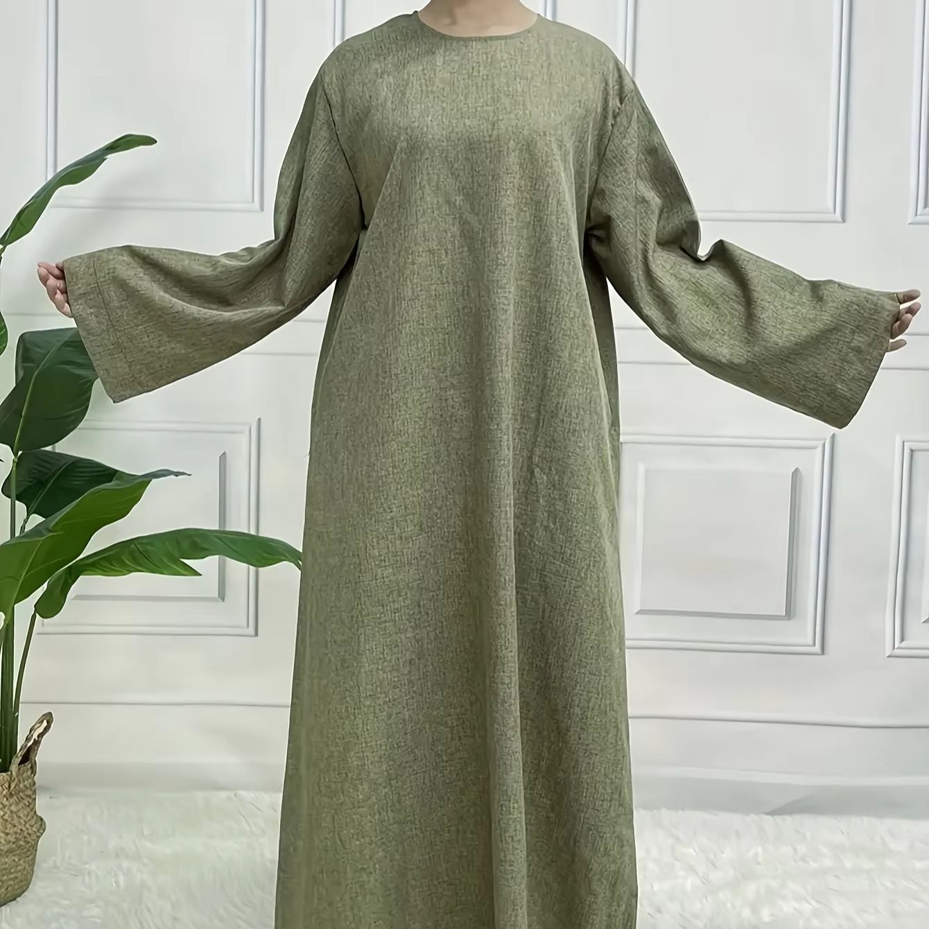 Robe longue kaftan décontractée et élégante pour femmes, col rond, manches longues, couleur unie, taille ample, pour le Ramadan