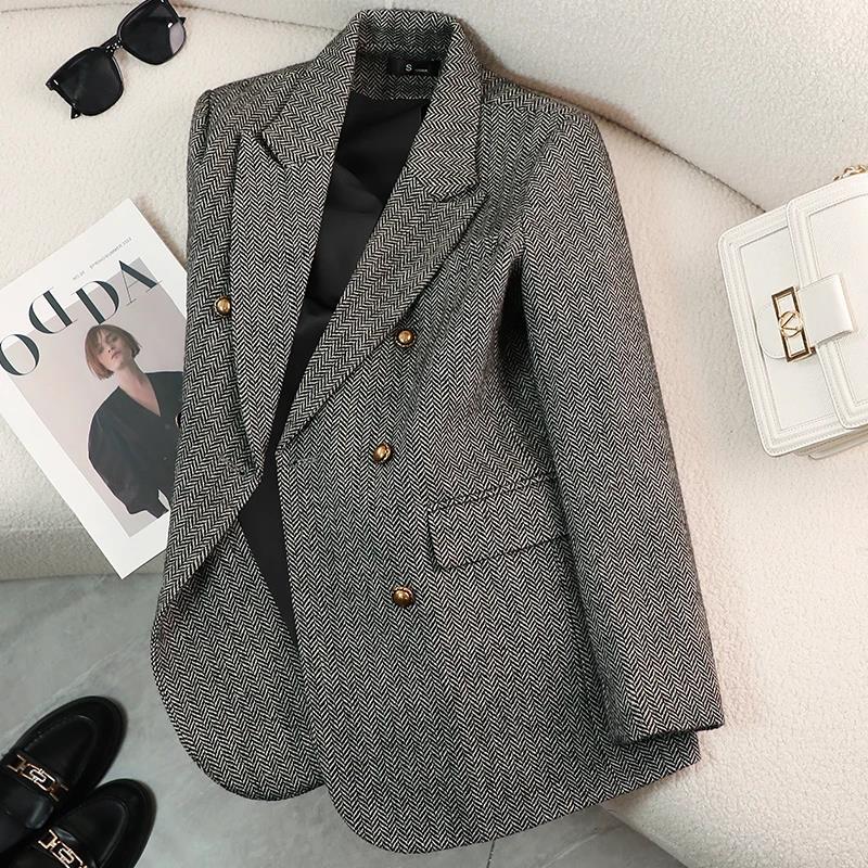 Manteaux Blazer à manches longues pour femmes, vestes Vintage en laine épaisse crantée, vêtements d'extérieur élégants, automne hiver