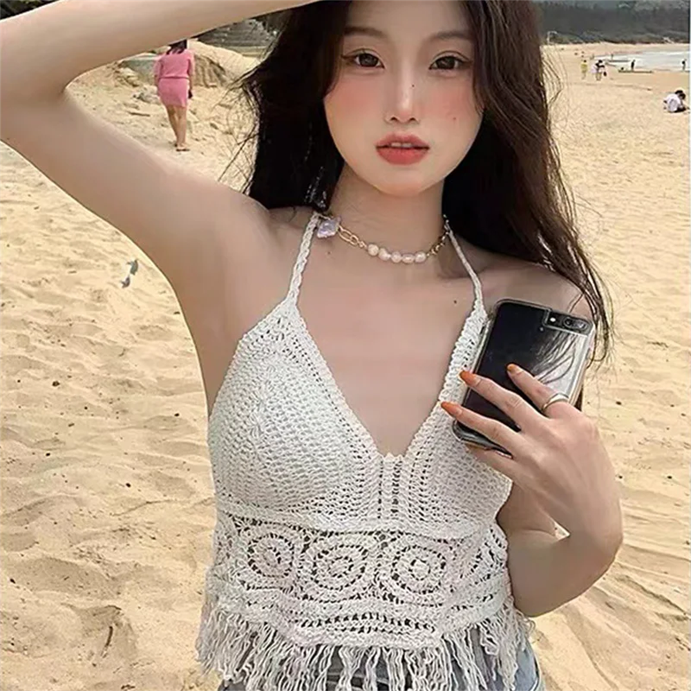Haut court court en tricot pour femmes, dos nu, Sexy, style Boho, plage, ajouré, glands au Crochet, ourlet licou, Bustier avec coussinets de poitrine, débardeur