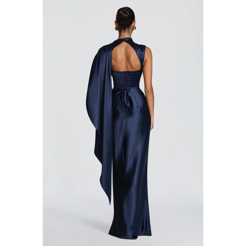 Robes de soirée élégantes pour femmes, robe de soirée en satin drapée avec cape, robe formelle à col montant et dos corset avec taille froncée 2026