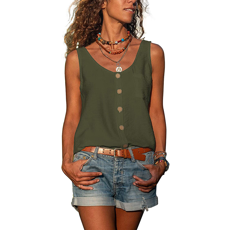 T-shirt de vacances en mousseline de soie pour femme, débardeur ample, boutons, décontracté, sans manches, Base, col en v, été