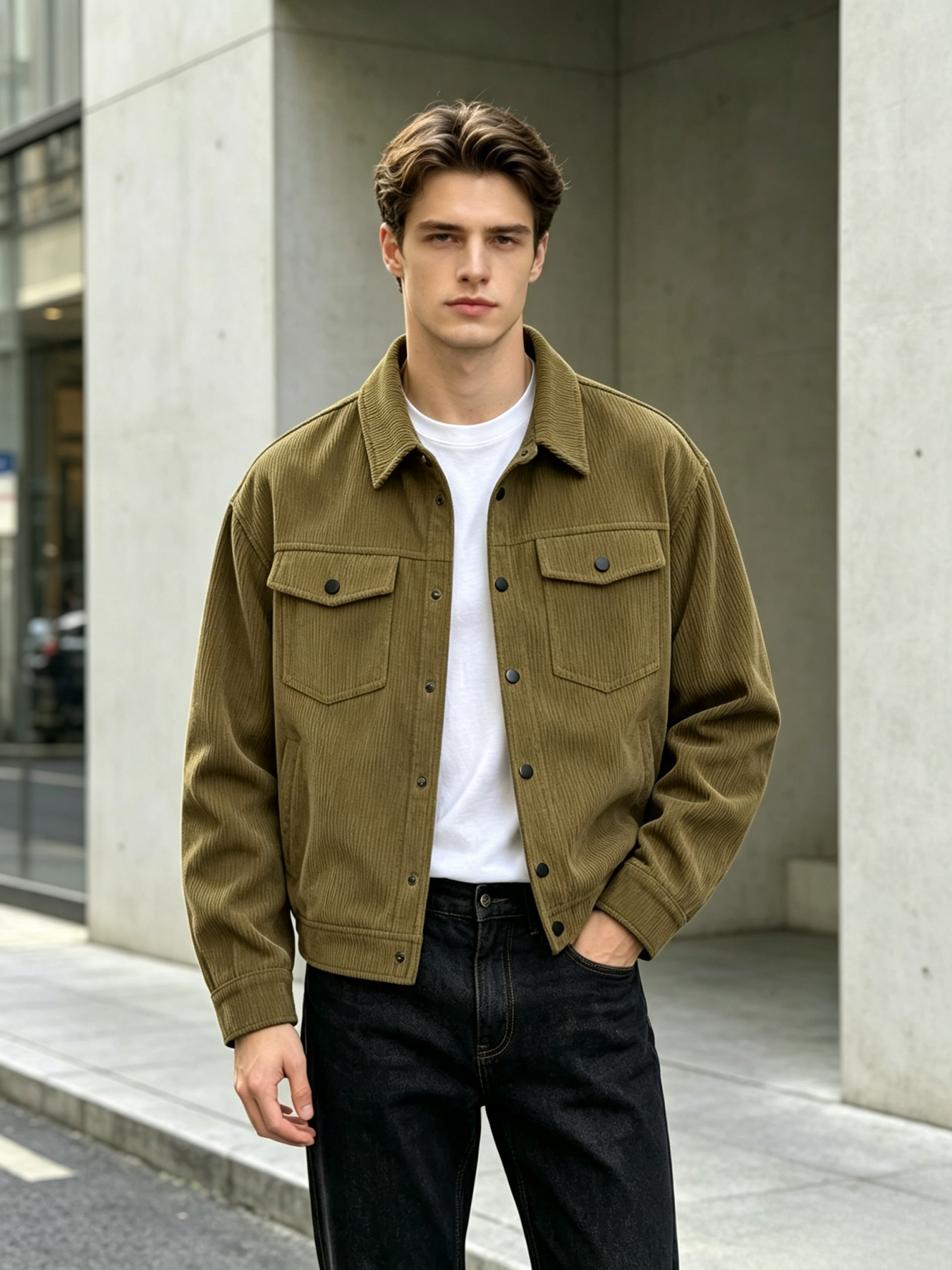 Veste en velours côtelé vintage pour homme, coupe décontractée, style camionneur, col rabattu, fermeture boutonnée, veste de travail avec poches sur la poitrine, printemps A