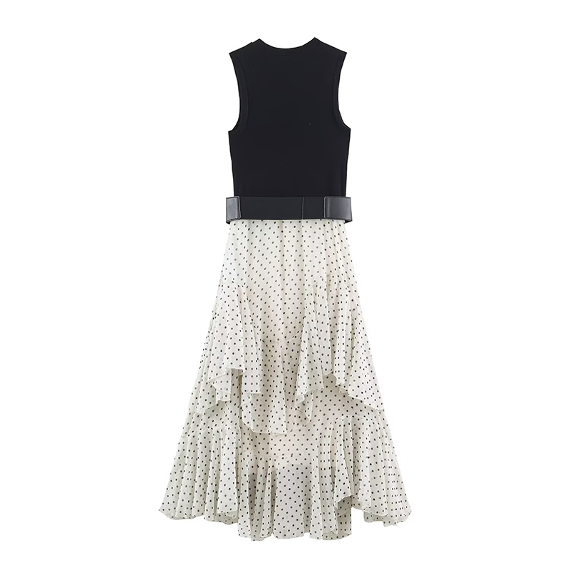 YENKYE Robe élégante pour femmes, patchwork, à pois, à volants, avec ceinture, col rond, sans manches, longueur midi