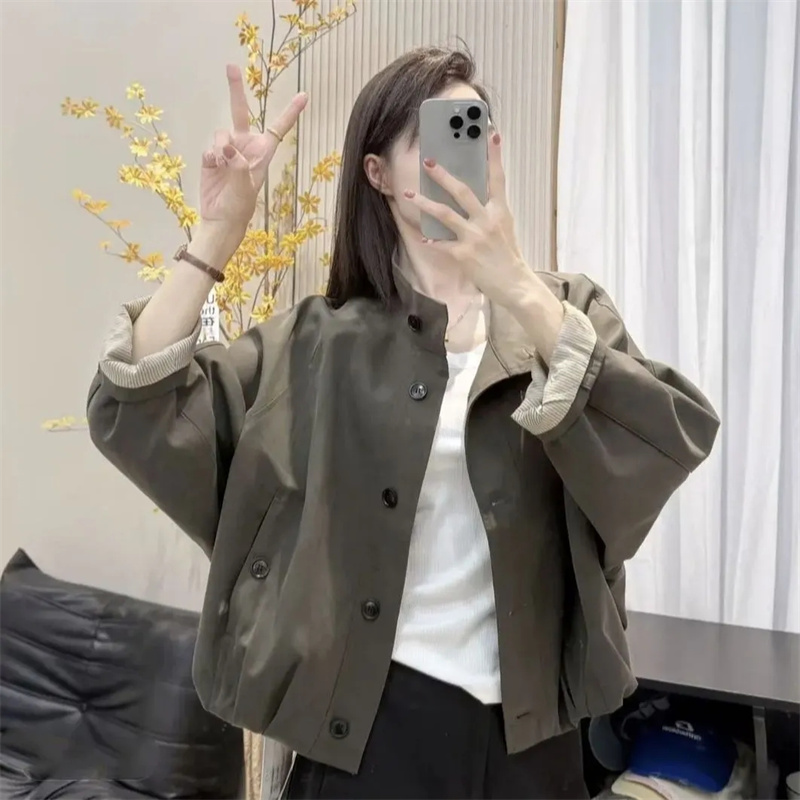 Femmes coréennes décontracté couleur blocage manteau femme mode col montant Patchwork vêtements d'extérieur printemps automne dames manches longues