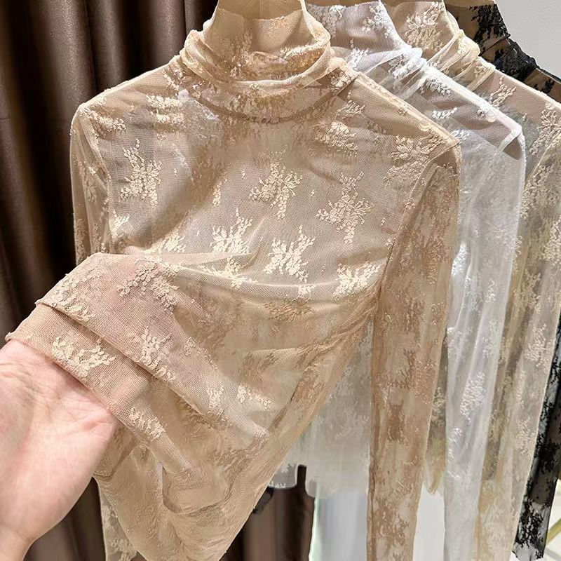 Femmes Sexy à manches longues dentelle Blouses col haut vêtements intérieurs dentelle Crochet t-shirt Base tunique haut Perspective Vintage bas Blouse