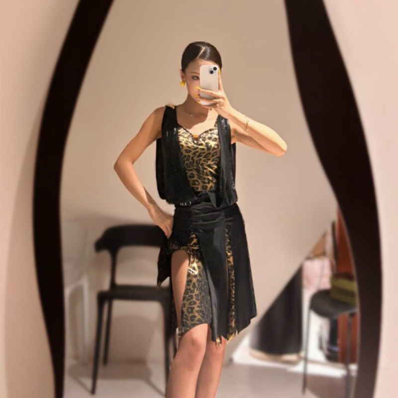 Vêtements de danse latine pour femmes, robe léopard sans manches d'été, Costume de spectacle de Chacha Rumba Tango pour adultes, robe d'entraînement DNV26830