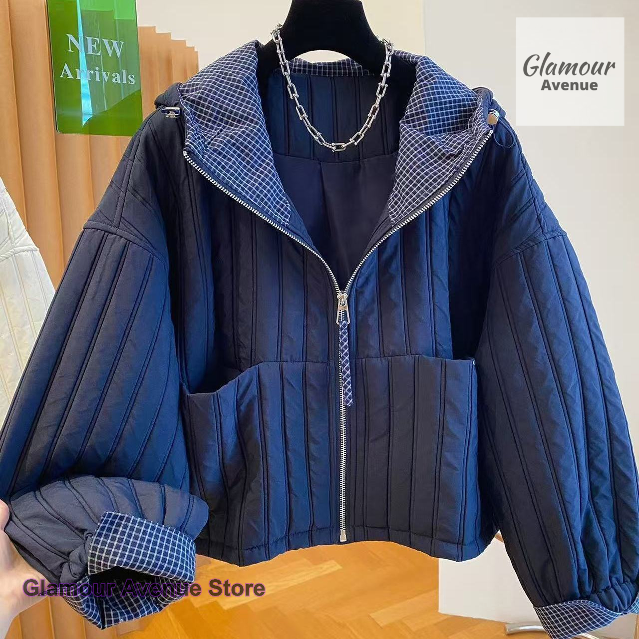 Veste à capuche en coton de style coréen pour femmes, nouvelle collection automne-hiver, veste décontractée à carreaux avec empiècements, légère et rembourrée en coton.