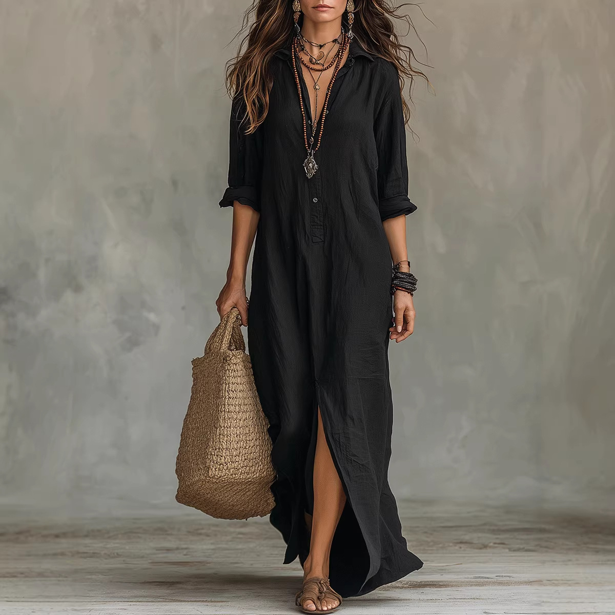 Robes pour femmes Printemps/Été 2026, robe longue décontractée à col à revers et fente avant, couleur unie, vêtements pour femmes, vestidos