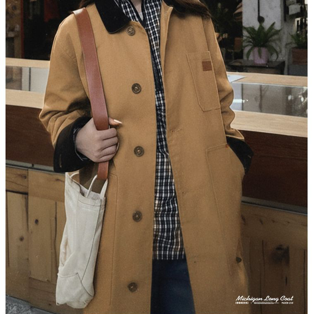 Maden femme kaki mi-longue toile veste col velours côtelé vêtements de travail manteau coupe ample rétro automne hiver vêtements d'extérieur