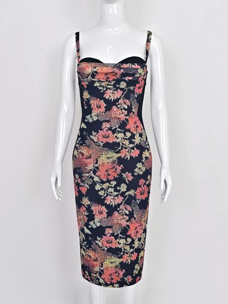 BEAUKEY Sexy Vintage qualité fleur imprimé gaze pansement robe de soirée femmes fête Bustier élégant dames robe robes tricotées