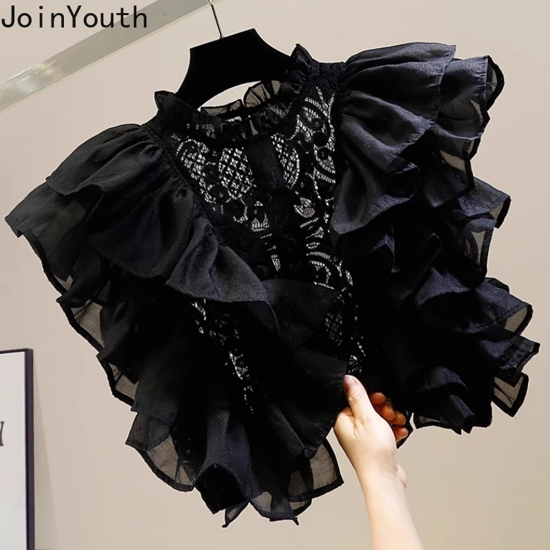 2025 Blusas Mujer De Moda été Blouse femmes col montant manches volantes dentelle chemises haut court évider volants Blouses Sexy
