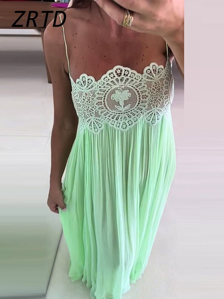 Robe longue d'été pour femme en dentelle florale, transparente, ajourée, plissée, à fines bretelles spaghetti, coupe ample, verte, 2026