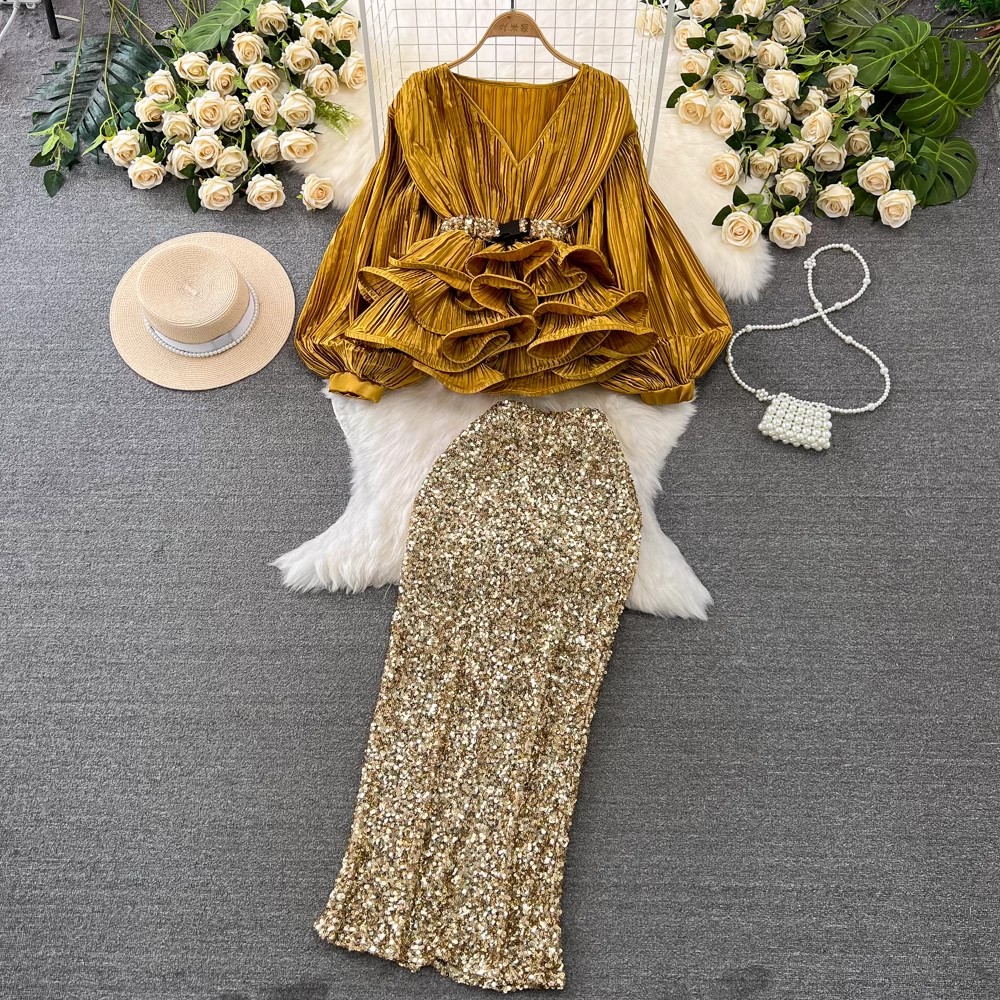 Ensemble 2 pièces élégant pour femmes, haut de gamme, mode d'été, col en V, ceinture, volants, hauts courts + taille haute, jupes longues et Slim, jupes de fête