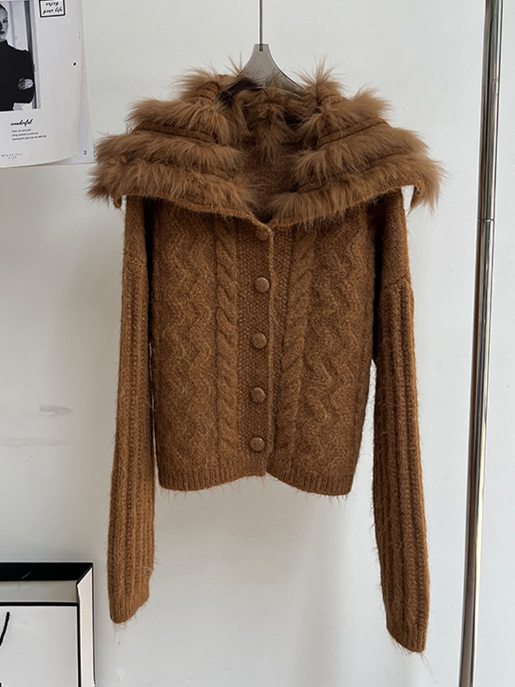 Automne femmes manteau tricoté Cardigan pull réel naturel fourrure de renard rayure col de luxe femme manches longues vestes