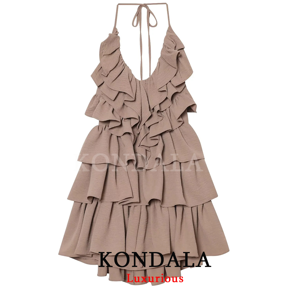 Robe Courte Femme KONDALA Chic Plage et Vacances, Dos Nu, Halter, Volants, Collection Printemps-Été 2026, Idéale Soirées