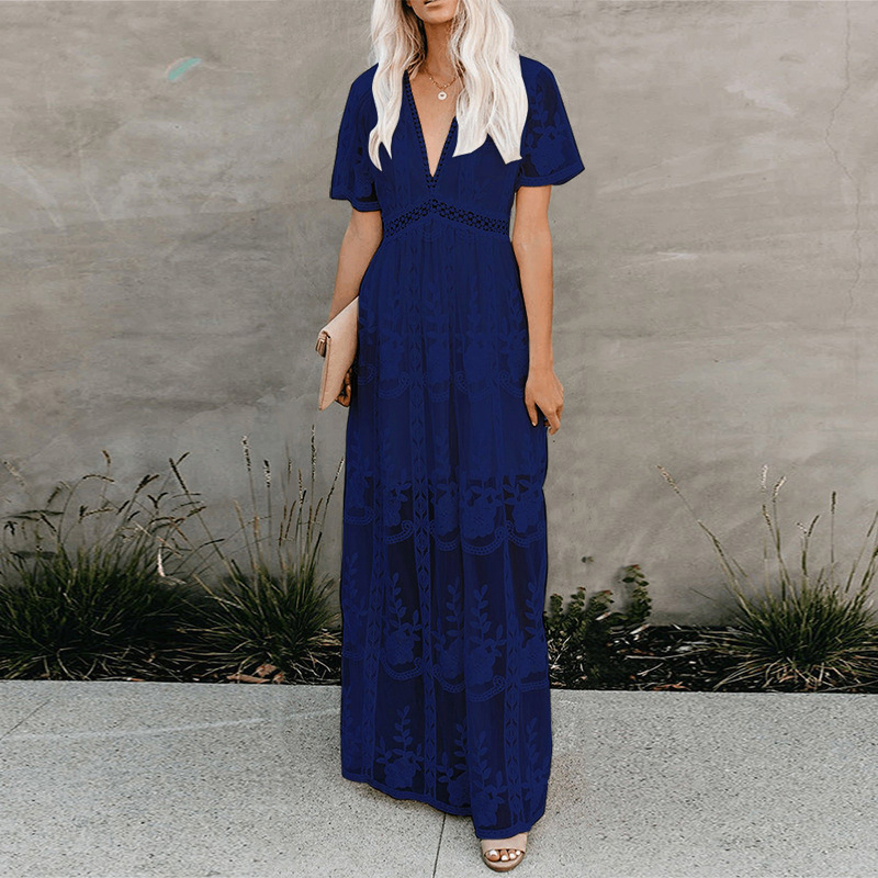 Robe longue en dentelle 2025, élégante, à taille décorée, manches courtes, col en V, couleur unie, nouvelle collection été, jupe tendance pour femmes.