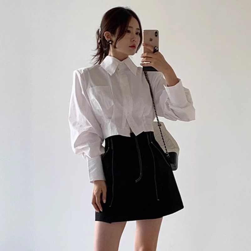 Chemisier décontracté printemps-été pour femme, chemise à manches longues unie avec lacets, haut court élégant pour le bureau, chemisier blanc