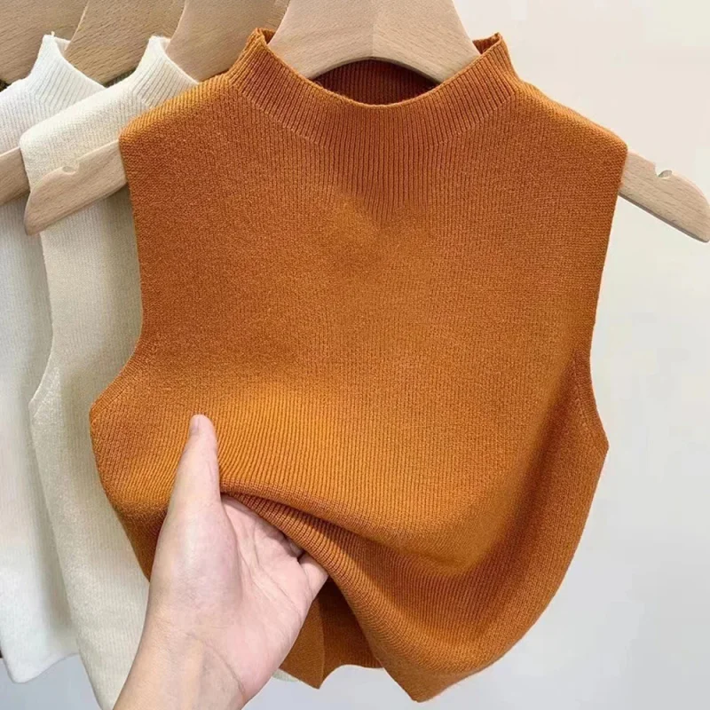 Débardeur tricoté pour femmes, couleur unie, T-Shirt, haut court, Camisole, pull demi-col roulé, sans manches, printemps automne