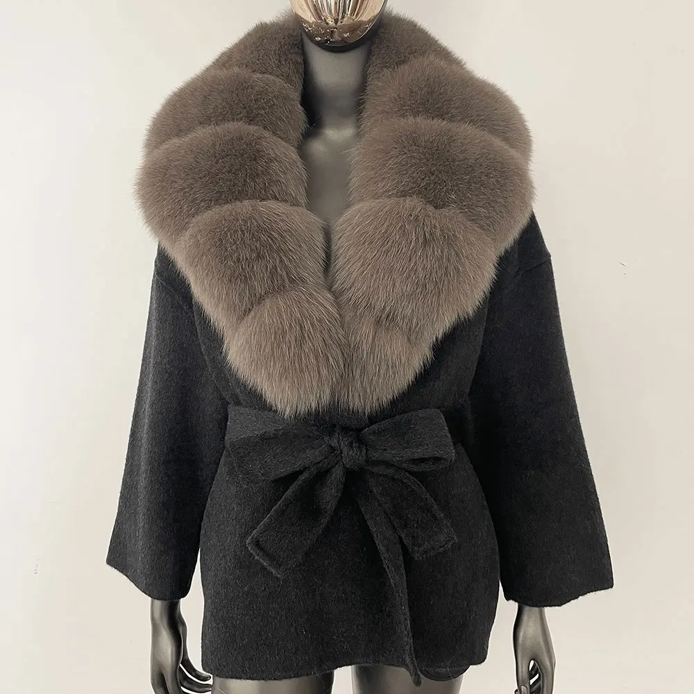 OFT-Manteau en Vraie Fourrure de Raton Laveur et de Renard pour Femme, Veste en Laine Mélangée avec Poche à Ceinture, Streetwear Décontracté, Hiver 2024