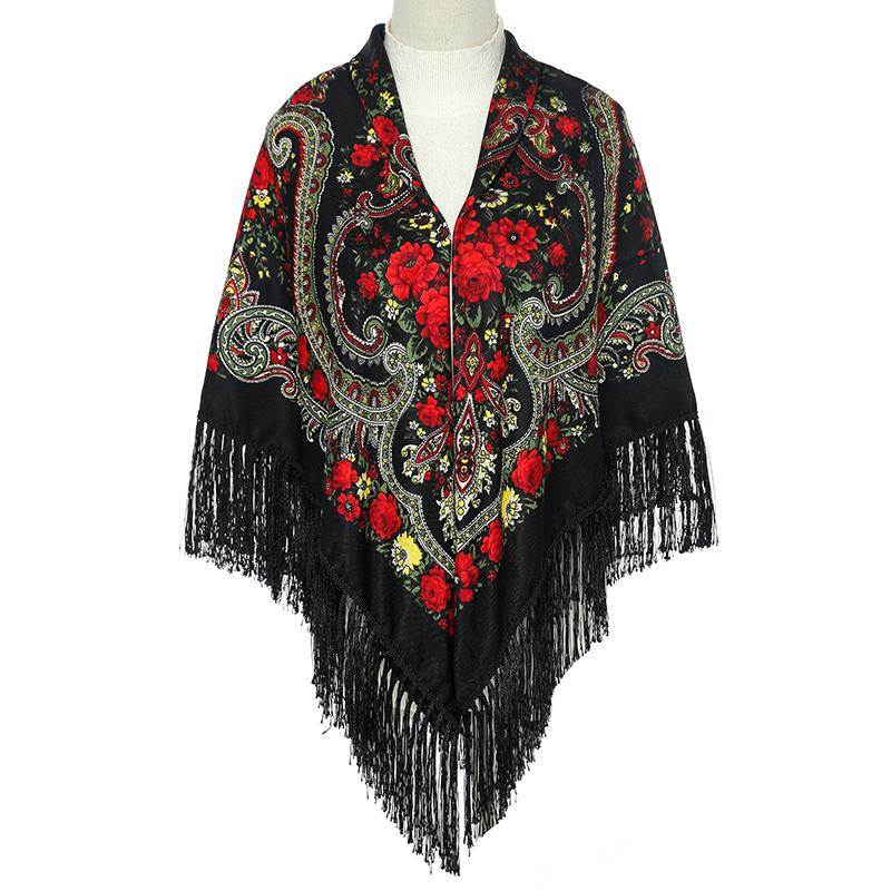 Écharpe carrée pour femme 51*51 pouces, châle rétro à franges, foulards en coton imprimé, hijab, écharpes russes ukrainiennes brodées, cape, bandana