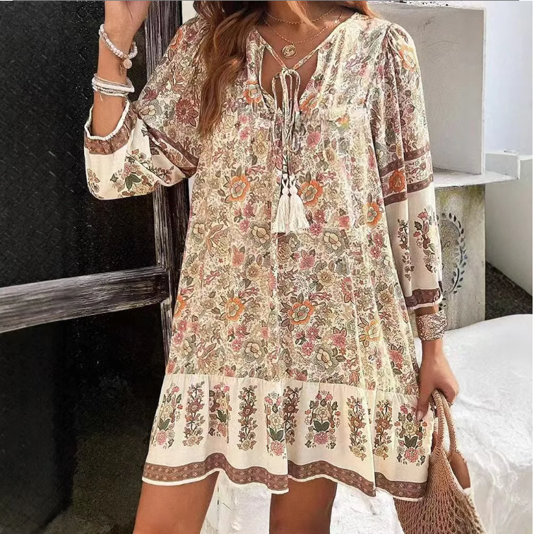 Robe ample à imprimé décontracté pour femmes, à manches longues, col en V, à lacets, style vintage, pull-over, vêtements de vacances bohèmes pour femmes