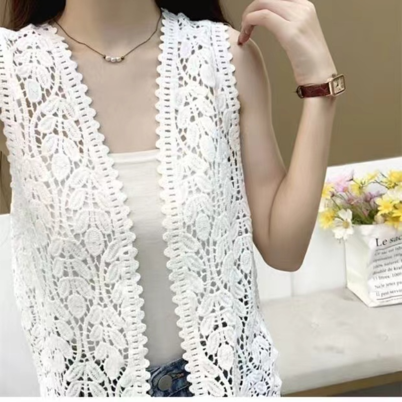 Cardigan Boho en Tricot Crochet pour Femme, Broderie Florale, Ouvert sur le Devant, Tenue de Vacances d'Été