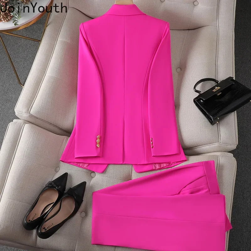 Ensemble élégant 2 pièces pour femmes, vêtements Blazer à Double boutonnage, manteau, taille haute, pantalon droit, costume coréen, tenues de bureau