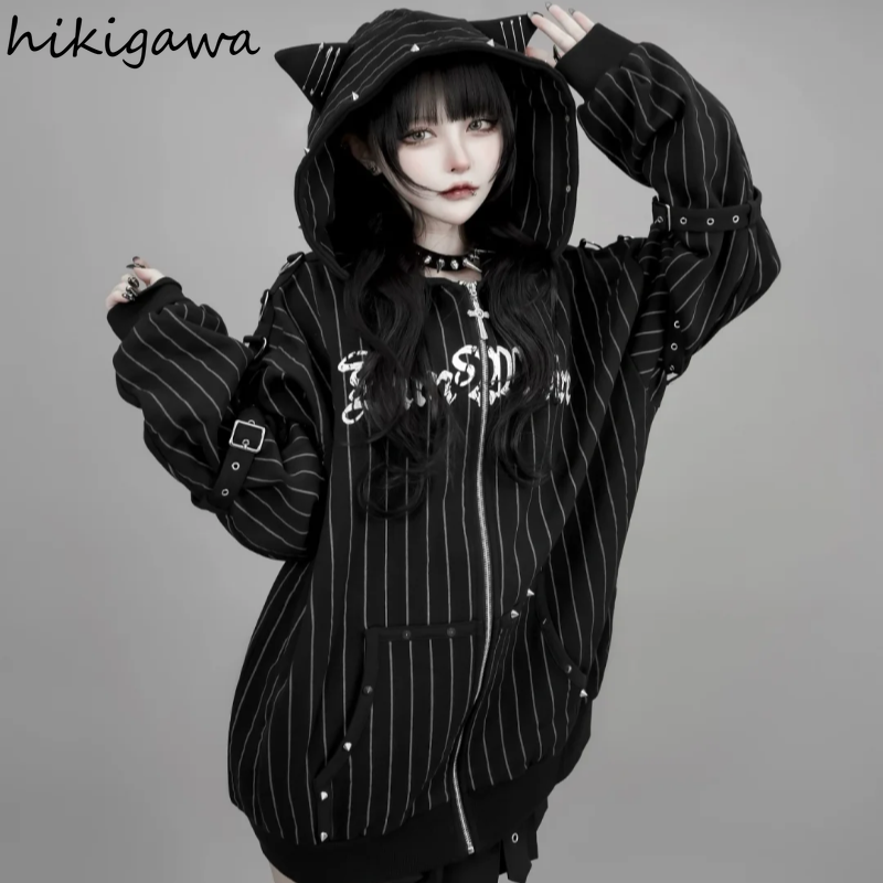 Vestes pour femmes, vestes gothiques, tops Y2K japonais, streetwear, manteaux Harajuku à rayures et rivets, 2026, Ropa Mujer, vêtements d'extérieur à rayures avec capuche à oreilles