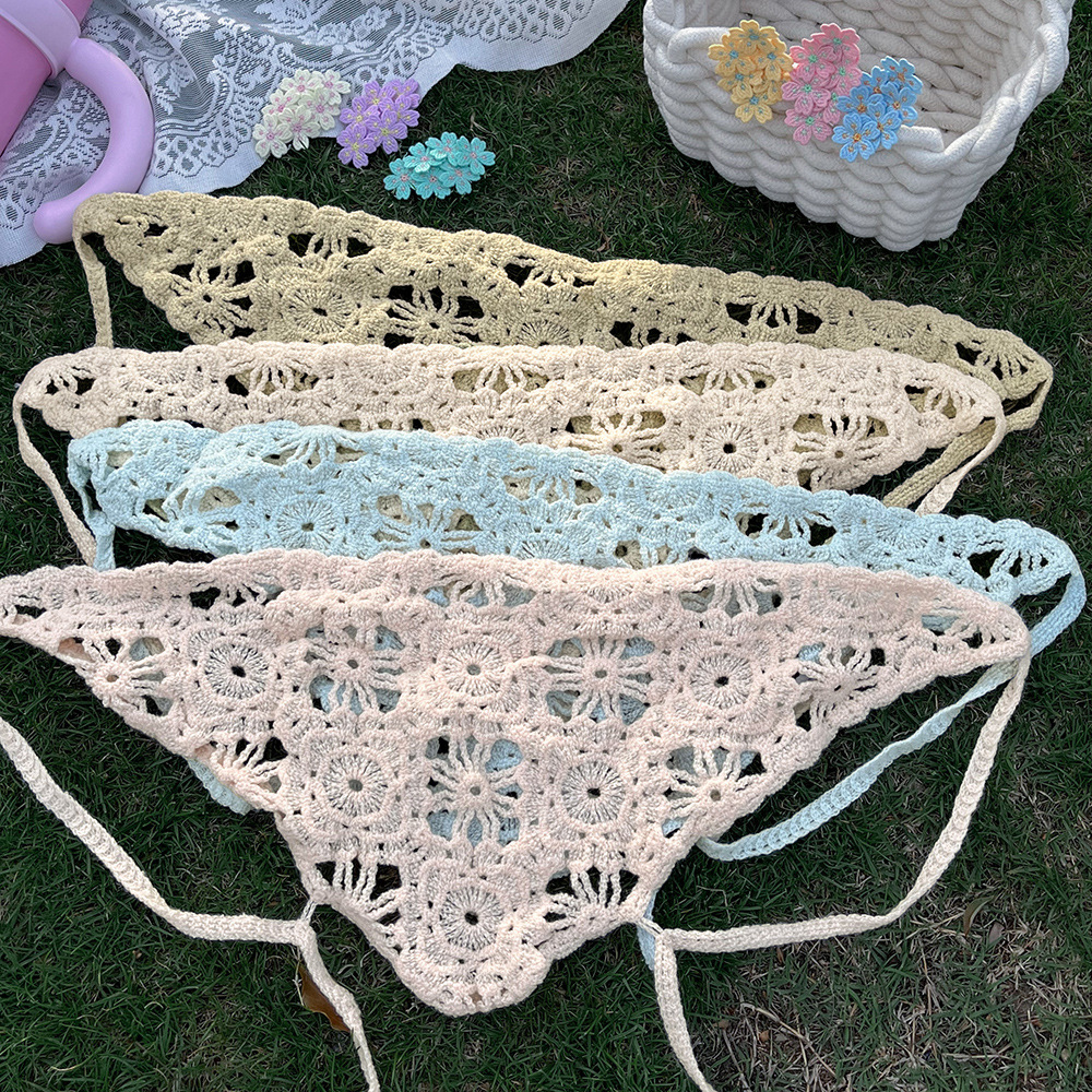 Foulard tricoté tendance pour femme, style pastoral français, bandeau triangulaire, bandeau au crochet fait main, foulard rétro à fleurs
