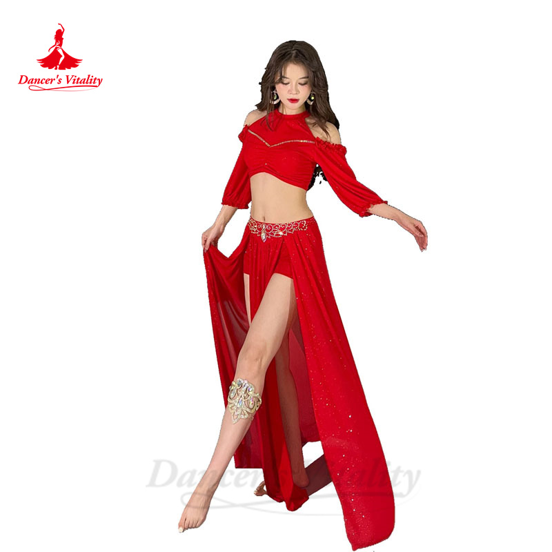 Ensemble de costumes de danse du ventre pour femmes, haut en gaze à demi-manches + jupe fendue avec pierres AB senior, tenue de danse du ventre orientale pour adultes, 2 pièces