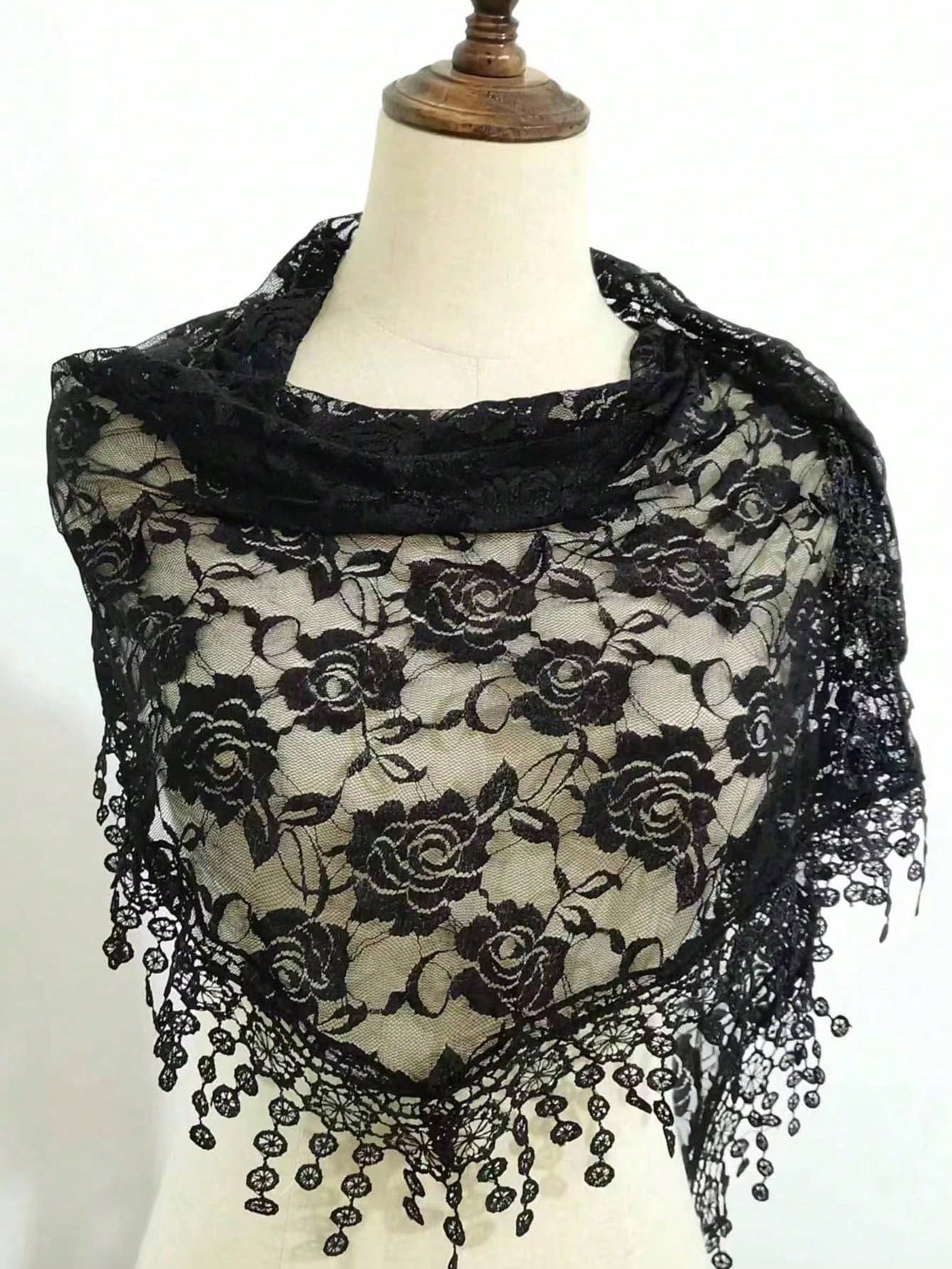 Voile de mariée triangulaire élégant pour femme, en dentelle brodée florale ajourée motif rose, pour mariage et événements formels, utilisable comme foulard ou châle