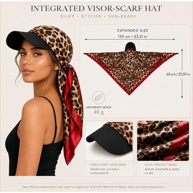 Nouvelle casquette pare-soleil léopard pour femme avec sangle, foulard intégré, légère, style bandana, protection solaire, visière bec de canard, pour usage quotidien 2027