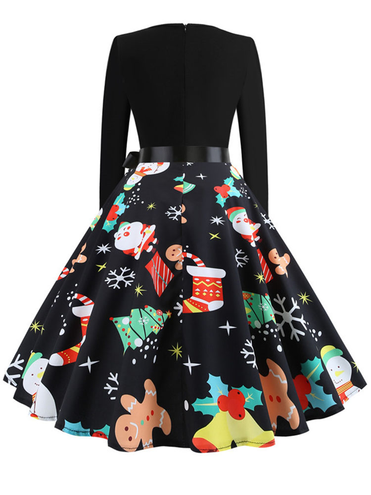 Robes de Noël d'hiver pour femmes, style vintage années 50-60, robe swing pin-up élégante, robe de soirée à manches longues, imprimé décontracté noir