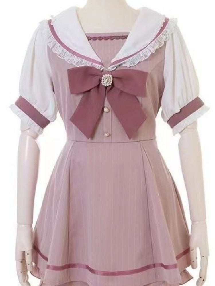 Robe japonaise faux deux pièces à carreaux pour femmes, en dentelle, Patchwork, fée Grunge, manches bouffantes, Y2k, esthétique JK, nœud doux