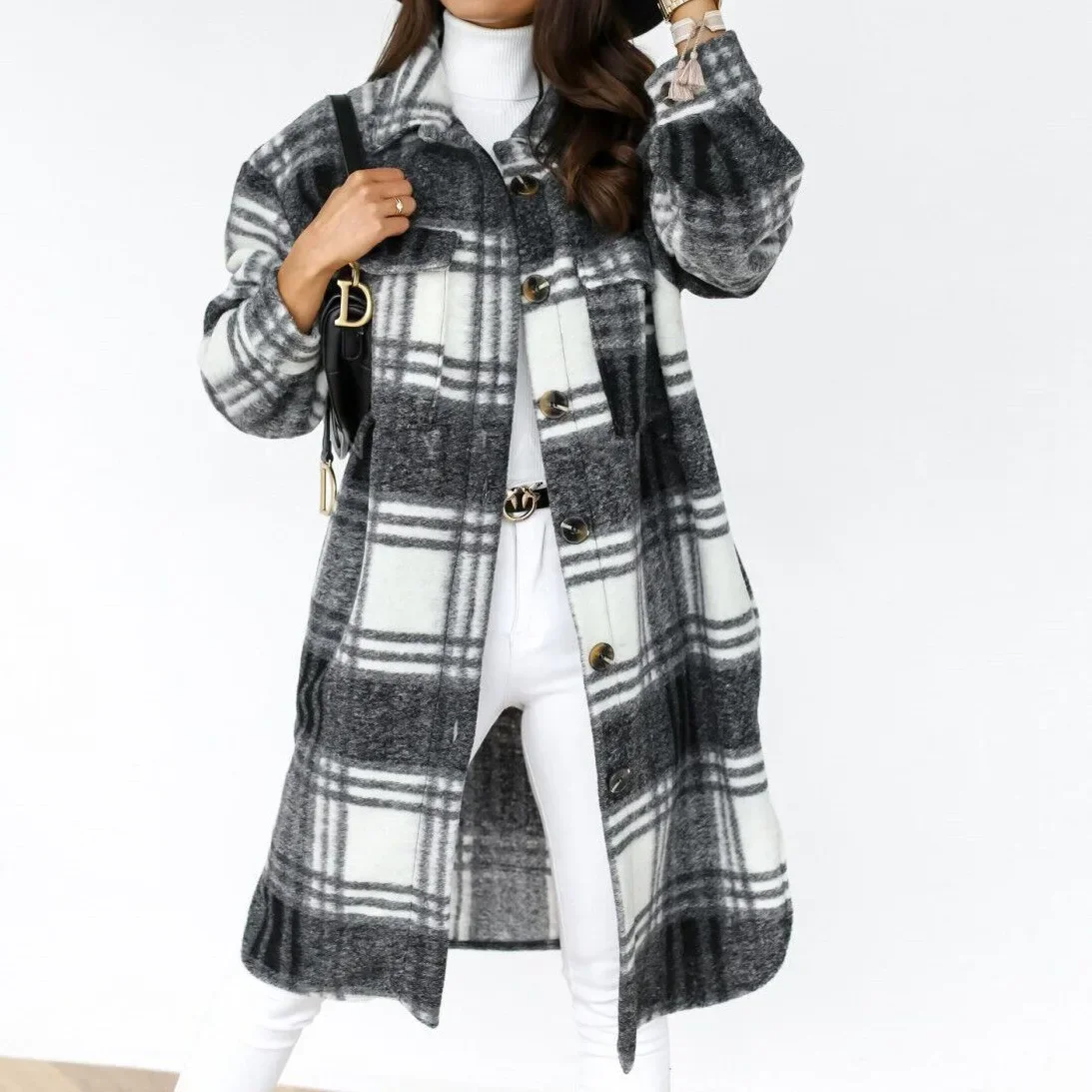 Trench-Coat à simple boutonnage, mode longue automne hiver, vêtements pour femmes, manteau à manches longues en laine à carreaux