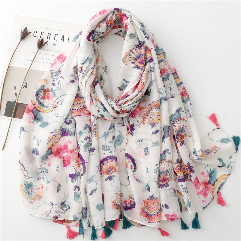 Châle en viscose à pampilles fines pour dames, étole ronde Pashmina, hijab musulman Bufandas, écharpe à pois floraux, belle mode, haute qualité, automne