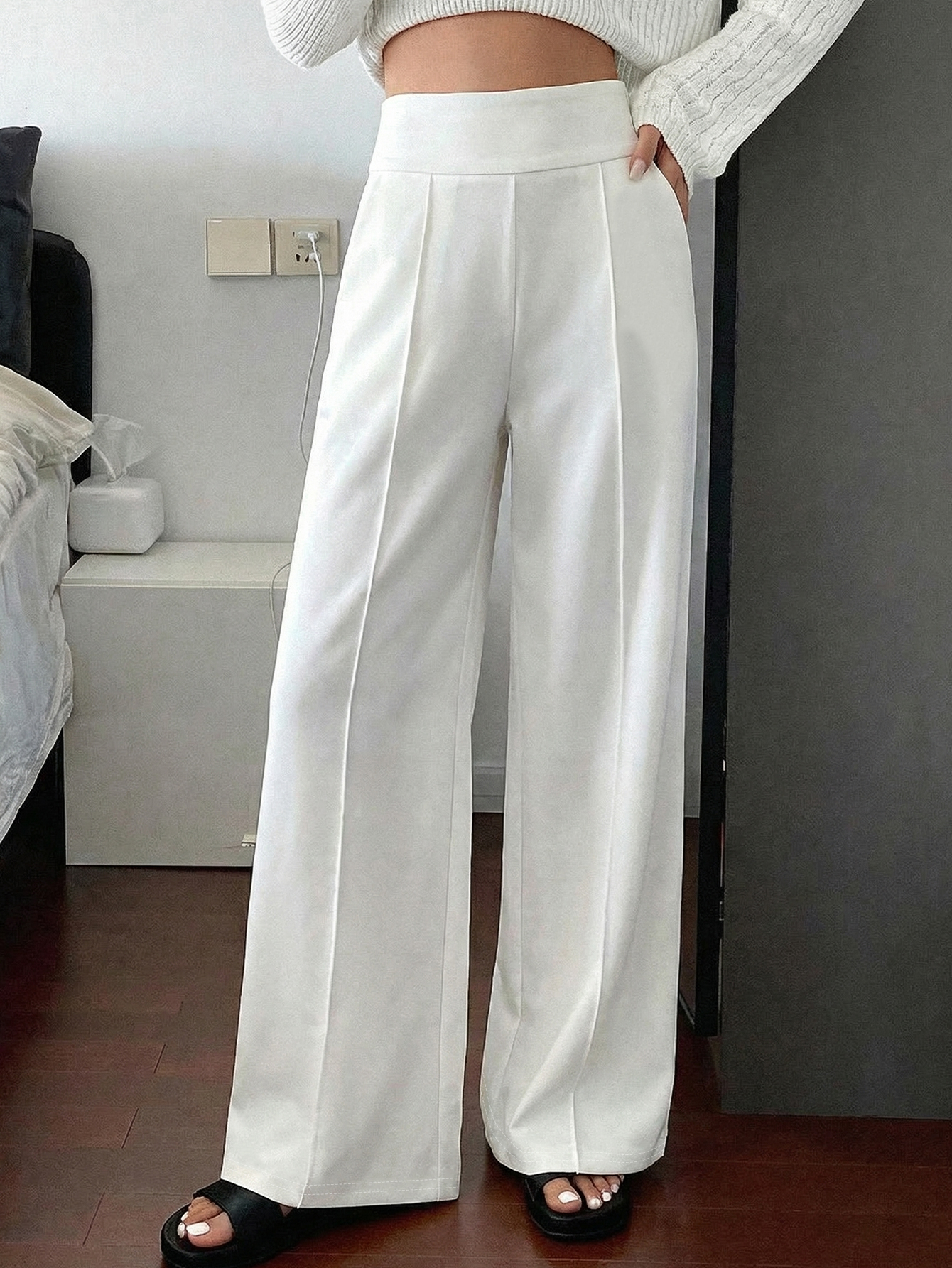 Pantalon ample à jambe droite pour femme, blanc minimaliste, décontracté, long, amincissant, style cargo avec rayures, taille standard, adapté