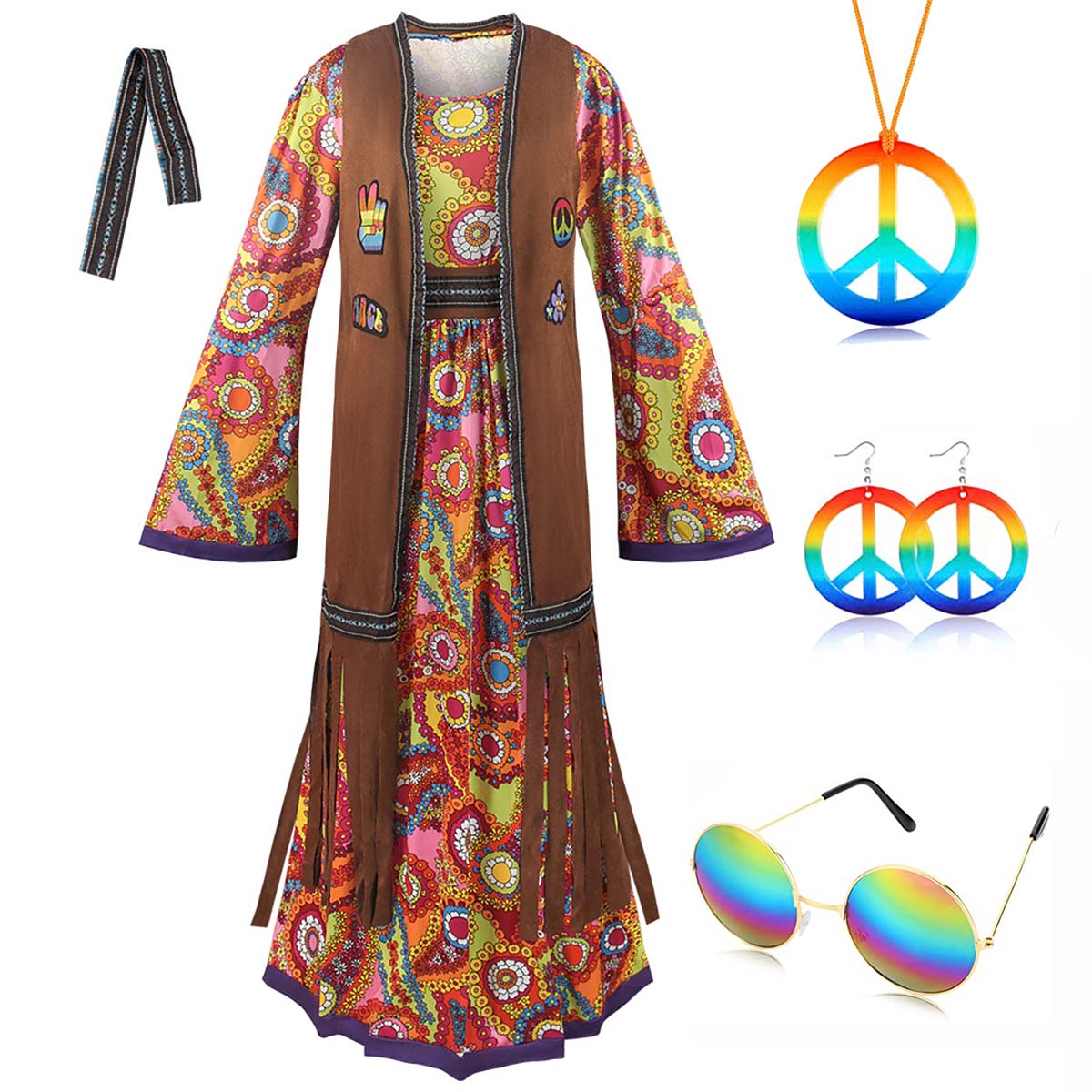 Ensemble de costumes Hippie rétro des années 1960 et 70 pour femmes, robe imprimée avec accessoires, tenues Disco, Costumes de Festival