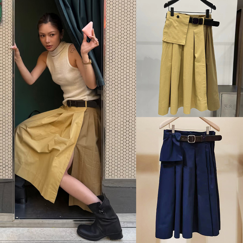 Jupe plissée taille haute pour femme, style français, avec ceinture détachable et pochette intégrée, design patchwork coloré, mode féminine