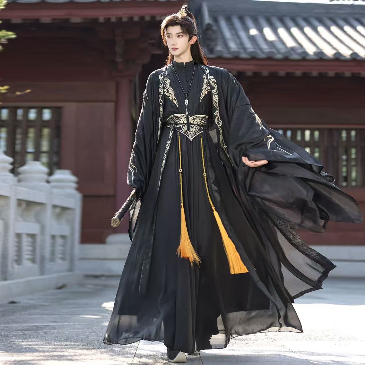Cool noir hommes Hanfu traditionnel chinois vêtements Niche col debout broderie longue Robe Halloween Wuxia Cosplay Costume
