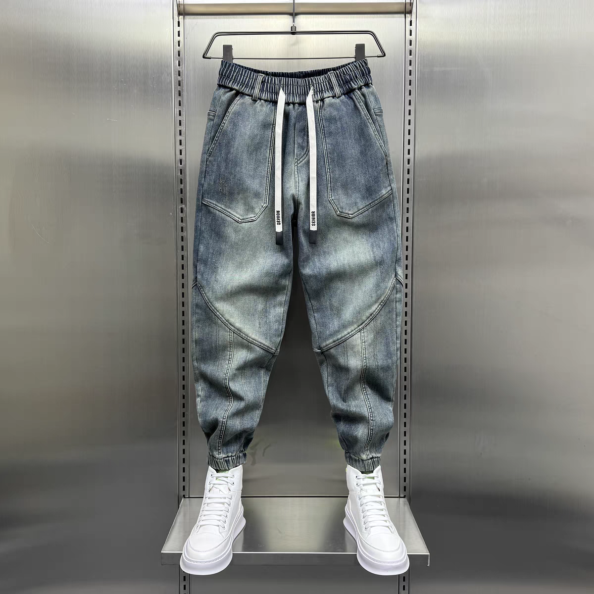 Jean Denim Bleu pour Homme, Pantalon Sarouel, Taille artificiel astique, Poignets, Vêtements de Luxe Décontractés, Mode Printemps-Automne, Nouveau, 2024