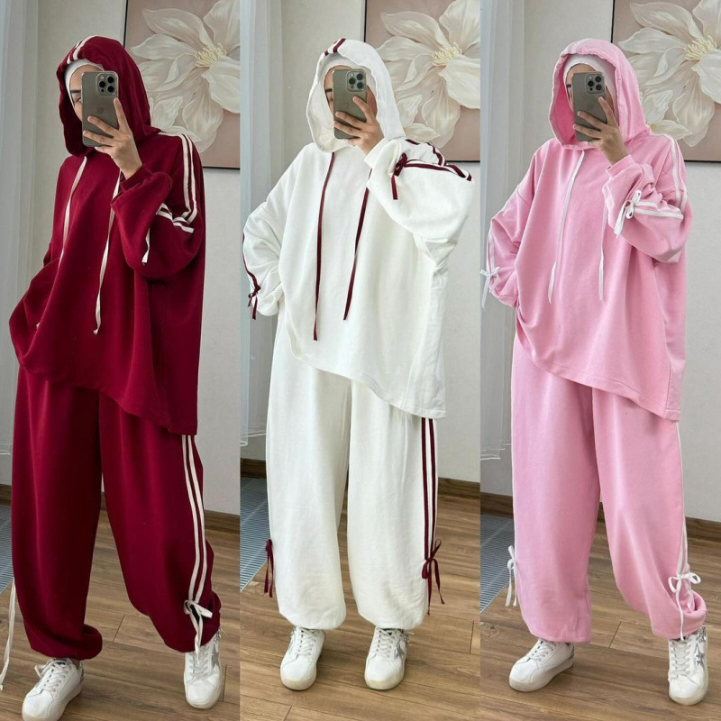 Costume musulman pour femmes, haut à capuche, pantalon à jambes larges, ensemble 2 pièces, sweat-shirt à capuche, tenues sportives à rayures, survêtement