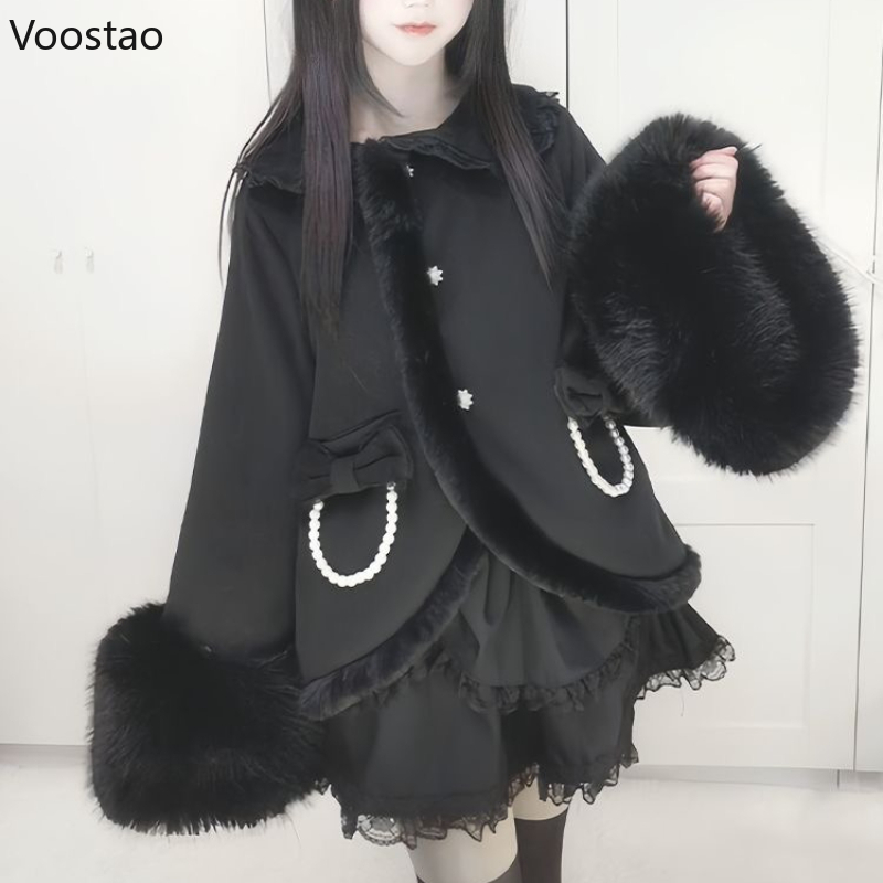 Automne hiver japonais Lolita Bow écharpe veste femmes gothique noir en peluche Patchwork laine châle pardessus femme Vintage manteau hauts