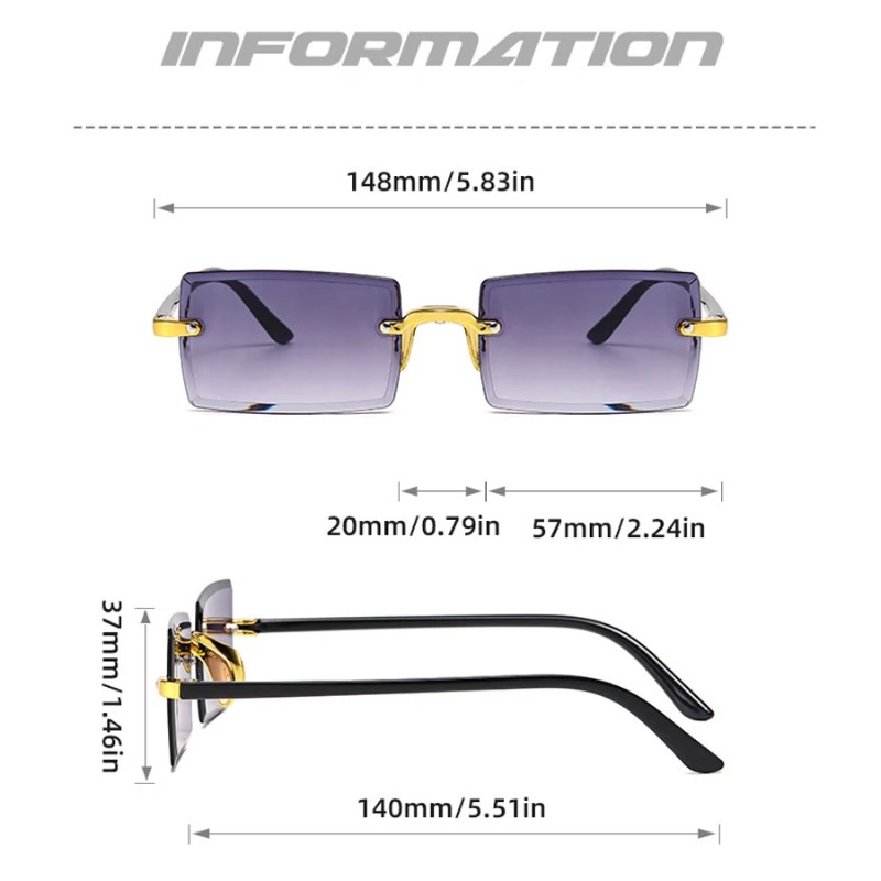 Lunettes de soleil sans monture rectangulaires tendance populaires pour femmes et hommes, petites lunettes de soleil carrées pour femme et homme, idéales pour les voyages d'été