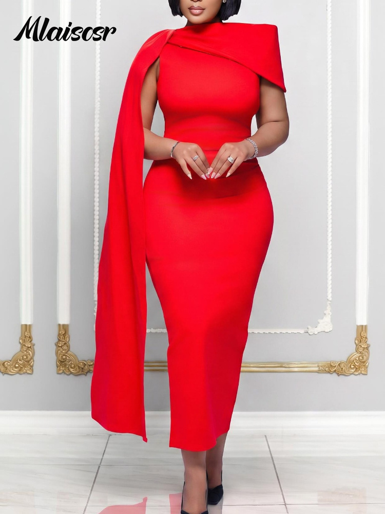 Robe Cape Asymétrique Bleu Clair Élégante pour Femme, Sans Manches, Taille Haute, Moulante, Longueur Midi, Idéale pour Soirées Formelles, Mariages ou Tenue de Bureau
