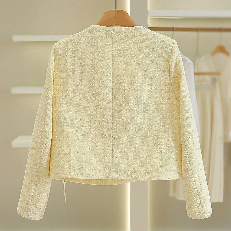 Nouveau Manteau Court Femme 2026 en Tweed, Col Rond, Simple Boutonnage, Style Cardigan, Coupe Ajustée et Ample, Tendance Jeune, Style Petite Fragrance